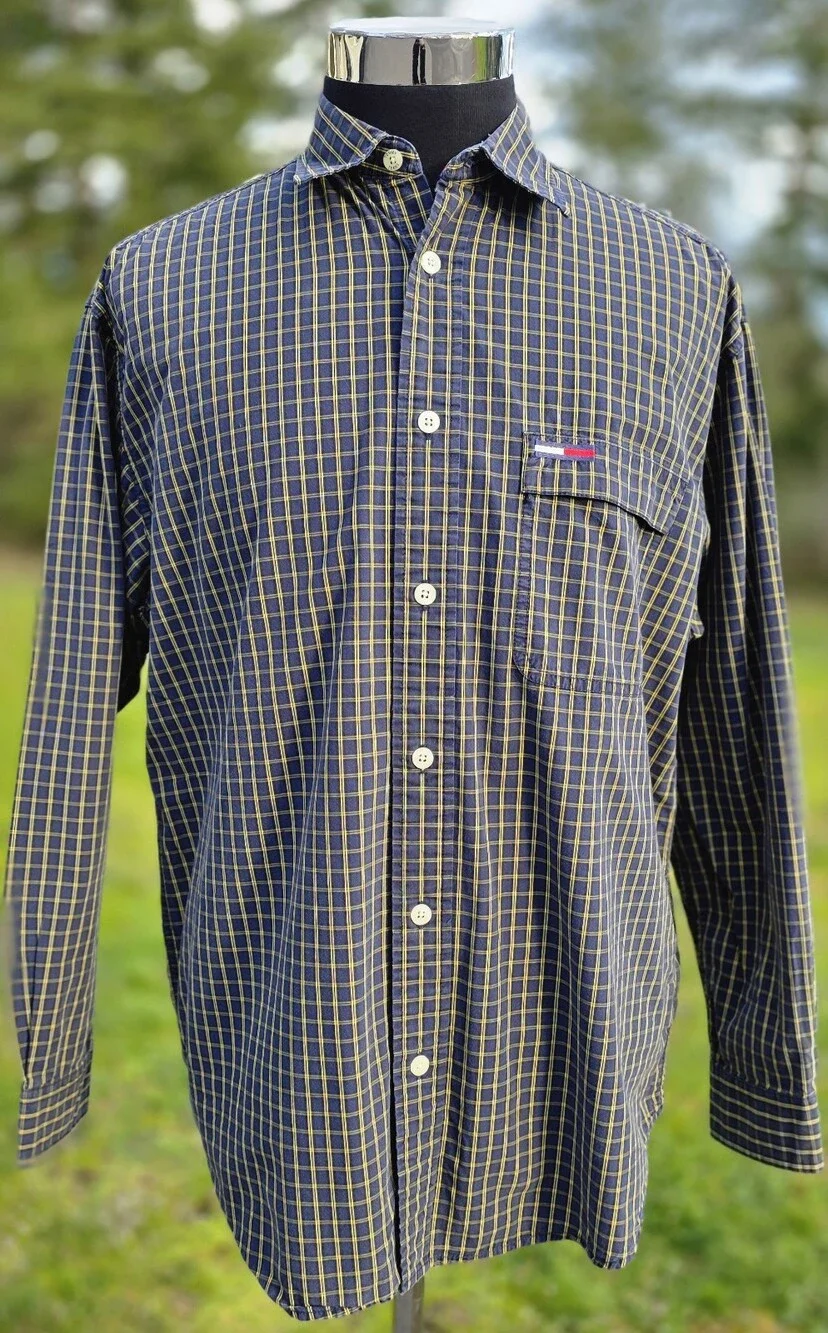 Tommy Hilfiger CREST Collar Plaid Shirt Mens Medium Big Vintage 90s Vtg Rare Y2k
